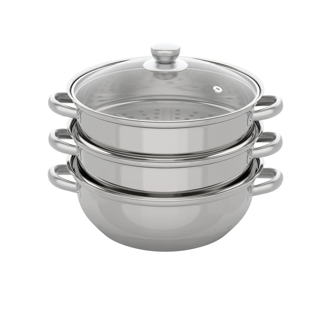 Stainless steel steamer pot with domed transparent lid and loop side handles