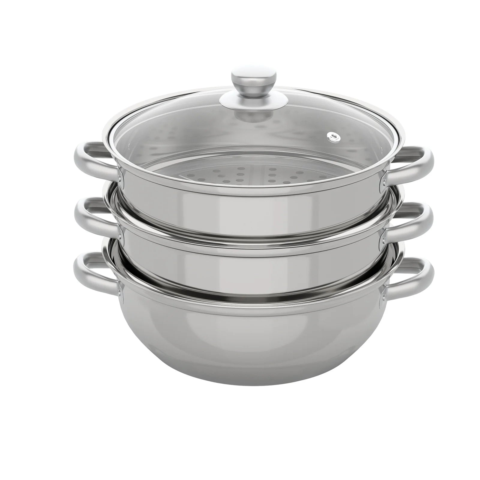 Stainless steel steamer pot with domed transparent lid and loop side handles