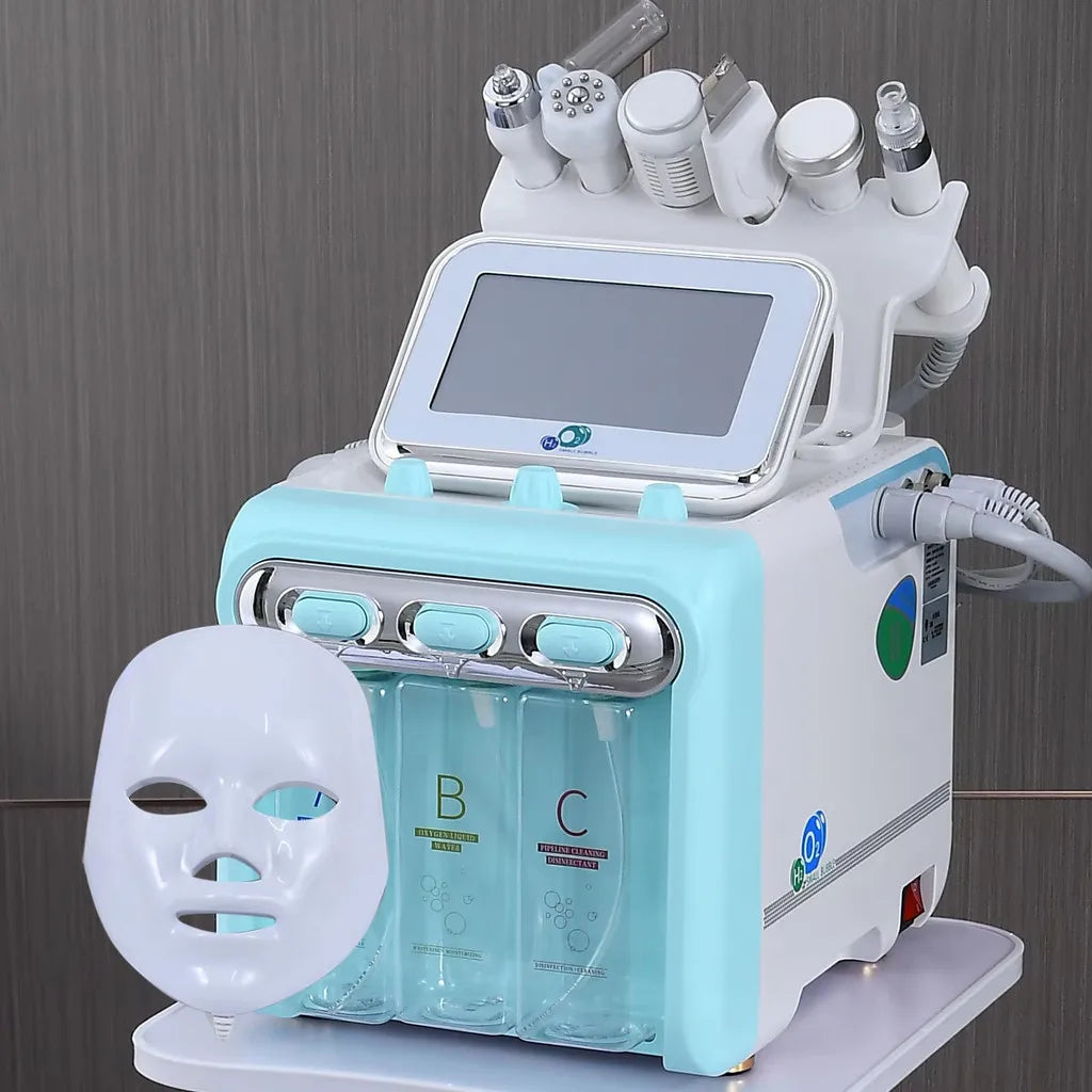 7-in-1 professional hydro facial machine with touchscreen, oxygen spray, RF, ultrasonic probe, and LED face mask.