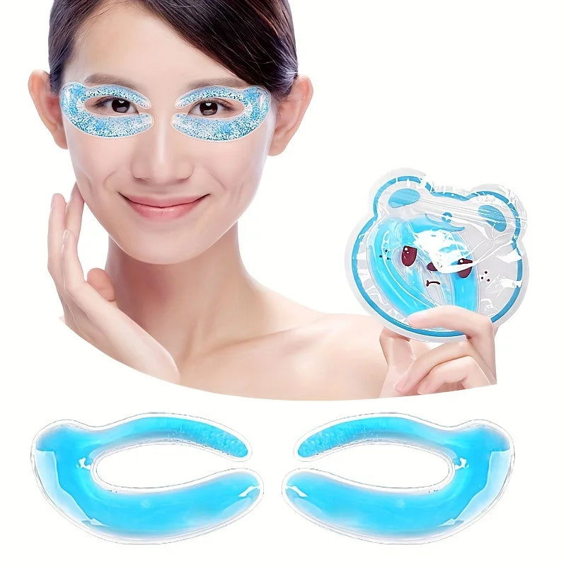 A woman wearing blue glittery gel eye patches, with another bear-shaped storage case and two blue eye patches shown.