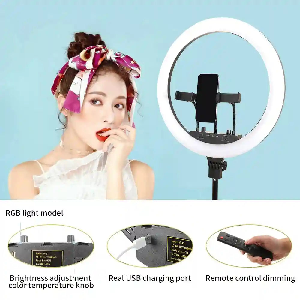 18 Inch RGB LED Ring Light with Tripod - Dimmable Studio Lighting Tidesmit