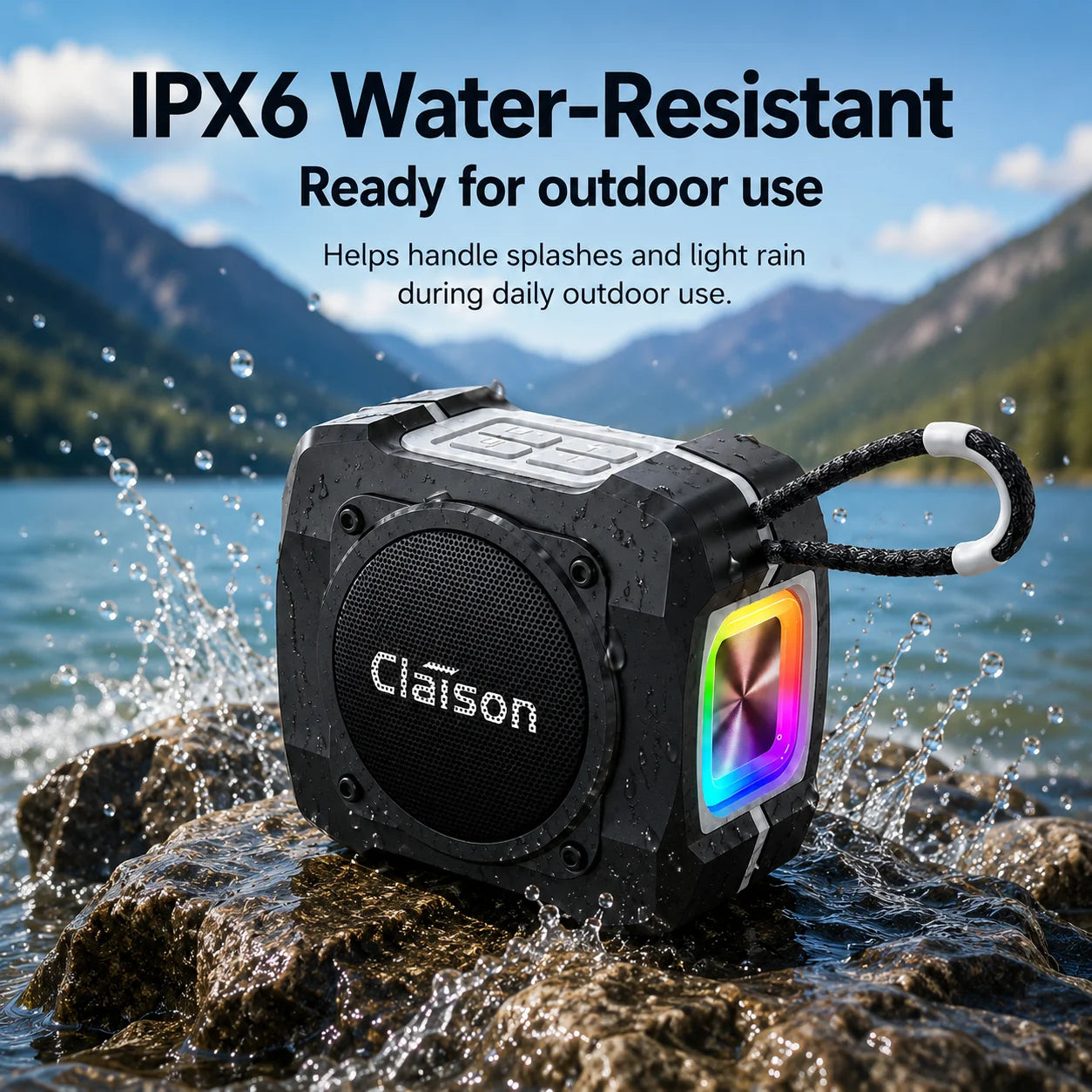 Portable Bluetooth Speaker, Bluetooth 5.3, TWS Pairing, 52mm Driver, 5W Output, 1200mAh Battery, RGB Light, FM Radio, TF Card and USB Playback, IPX6 Water Resistant Design for Outdoor, Camping, Travel and Home Use