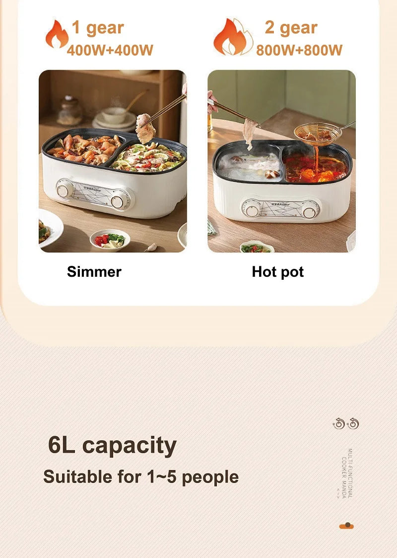 6L electric nonstick hot pot showing simmer and hot pot cooking modes