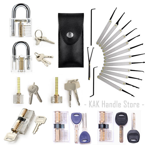 Lock picking training set with transparent padlocks, keys, picks, and black carrying pouch