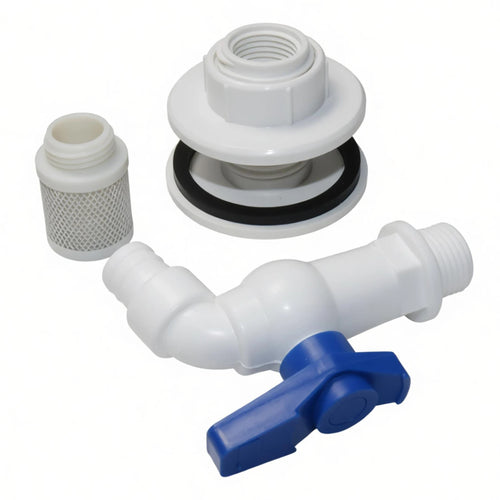 Plastic filter kit parts: white plumbing elbow, blue valve, mesh cartridge, gasket rings