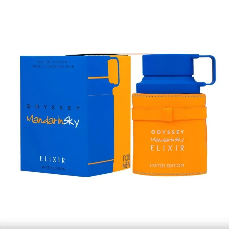 Armaf Odyssey Mandarin Sky Elixir EDP for men: 100ml orange leather-wrapped flask bottle, premium Arabian cologne spray.
