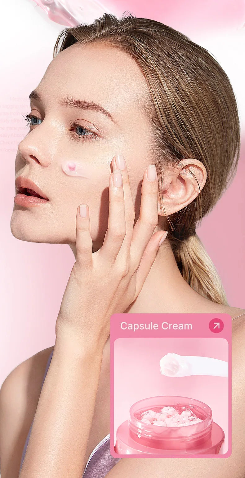 A woman applying pink capsule cream to her cheek; inset shows the jar of pink collagen cream with small spheres.