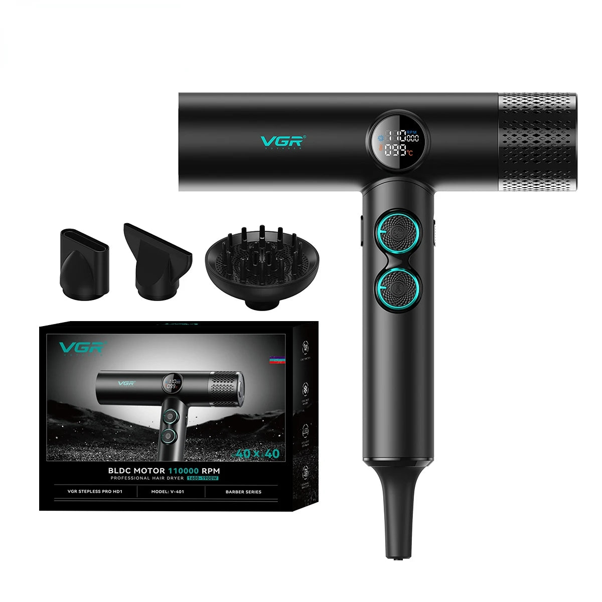VGR V-401 black professional hair dryer with digital display, BLDC motor, and 3 styling attachments in display box.