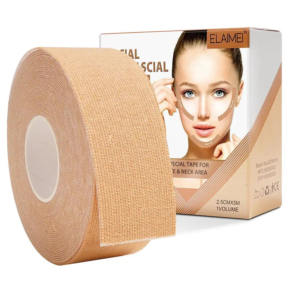 Beige fabric facial and neck lifting tape roll, 2.5cm x 5m, shown with its retail box.