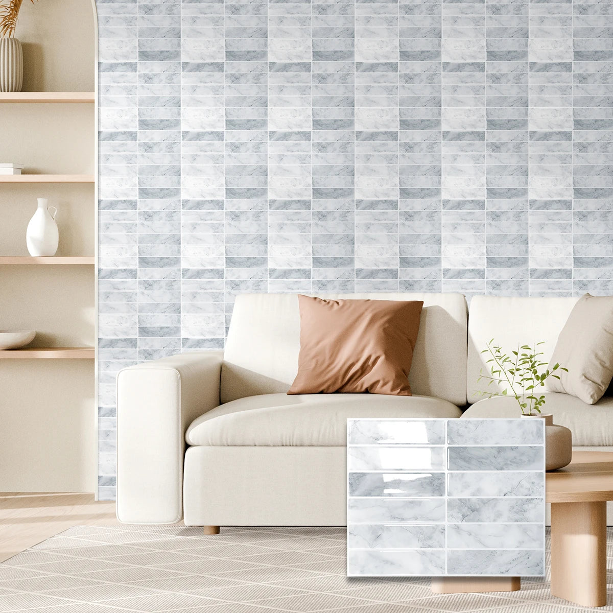 Peel-and-stick backsplash tile sheet, light gray square subway-style grid