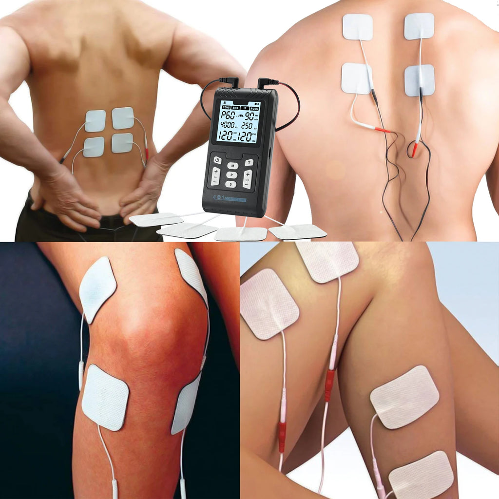 Portable IFT, RUSS, and EMS physiotherapy device with digital display and electrode pads for back and knee pain relief.