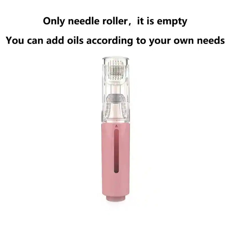 Pink dermaroller with a clear cap, titanium micro-needle head, and an empty internal chamber for liquid serum.