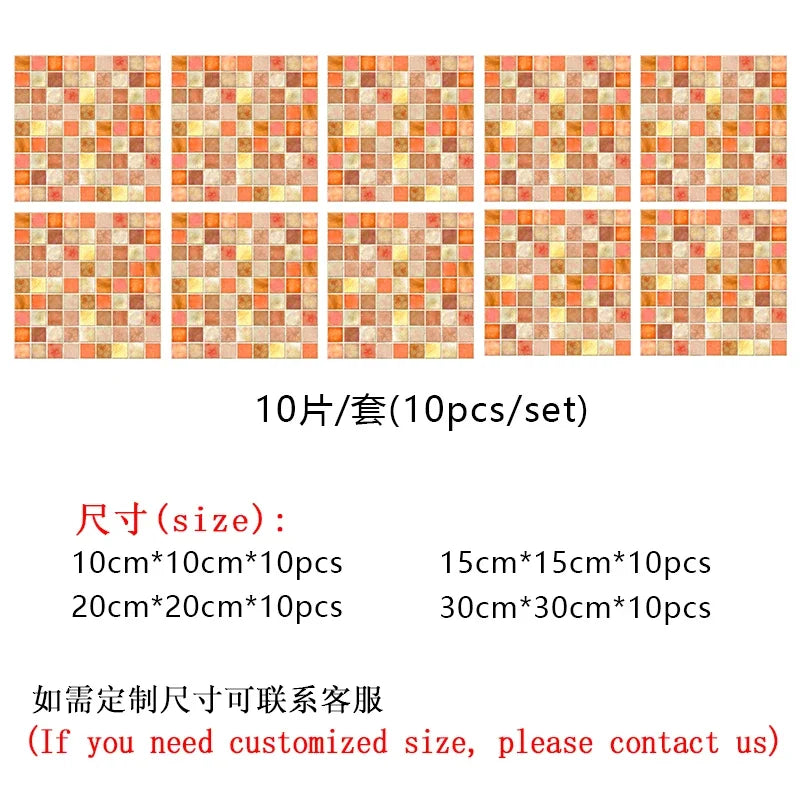 10pcs/set 10/15/20/30cm Flat Orange Marble Mosaic Hard Tiles Wall Sticker Kitchen Bathroom Home Decor Wallpaper PVC Art Mural