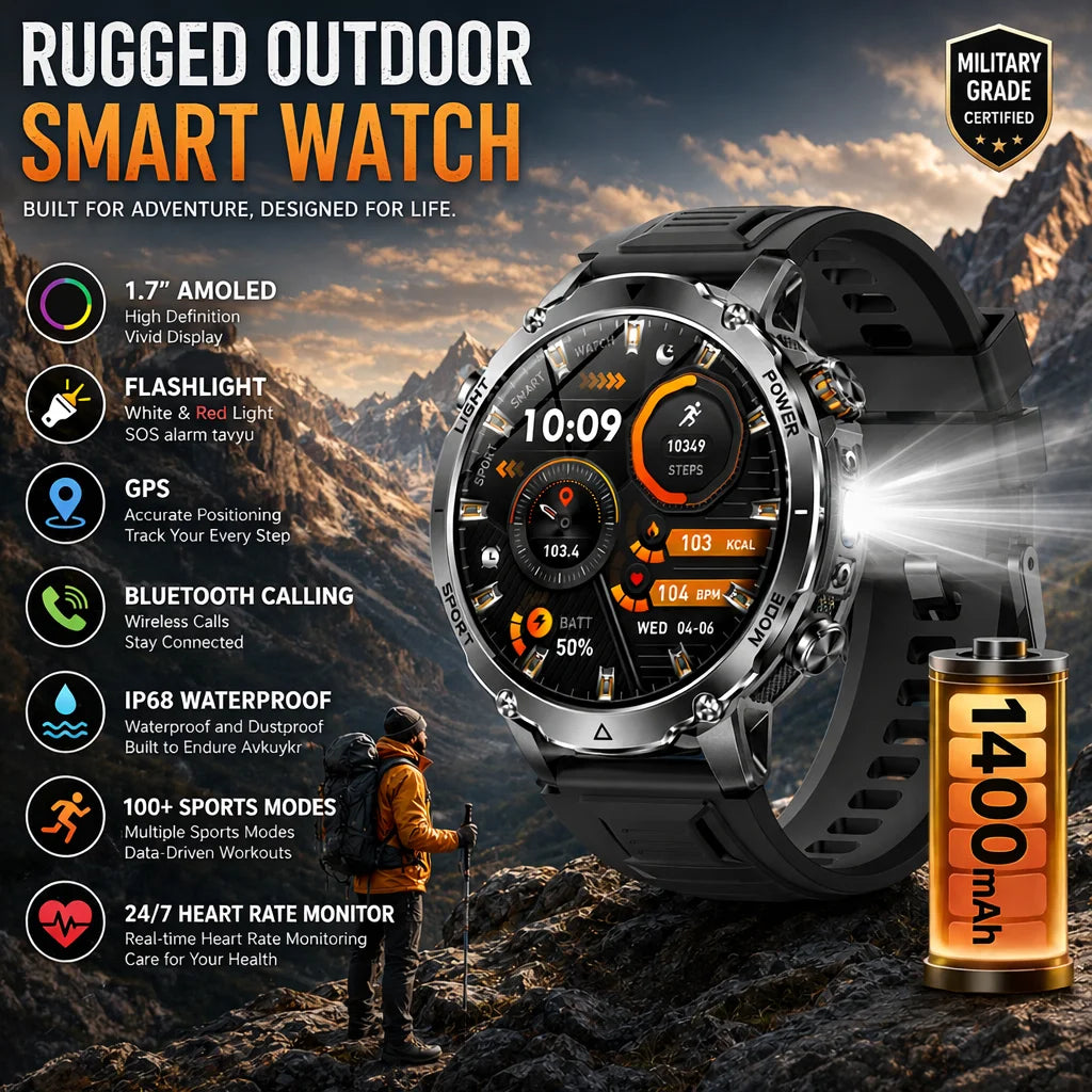 LIGE TANK Ultra Military Smart Watch 1400mAh Battery 10ATM Waterproof Heart Rate LED Flashlight Sports Bracelet Men Smartwatch