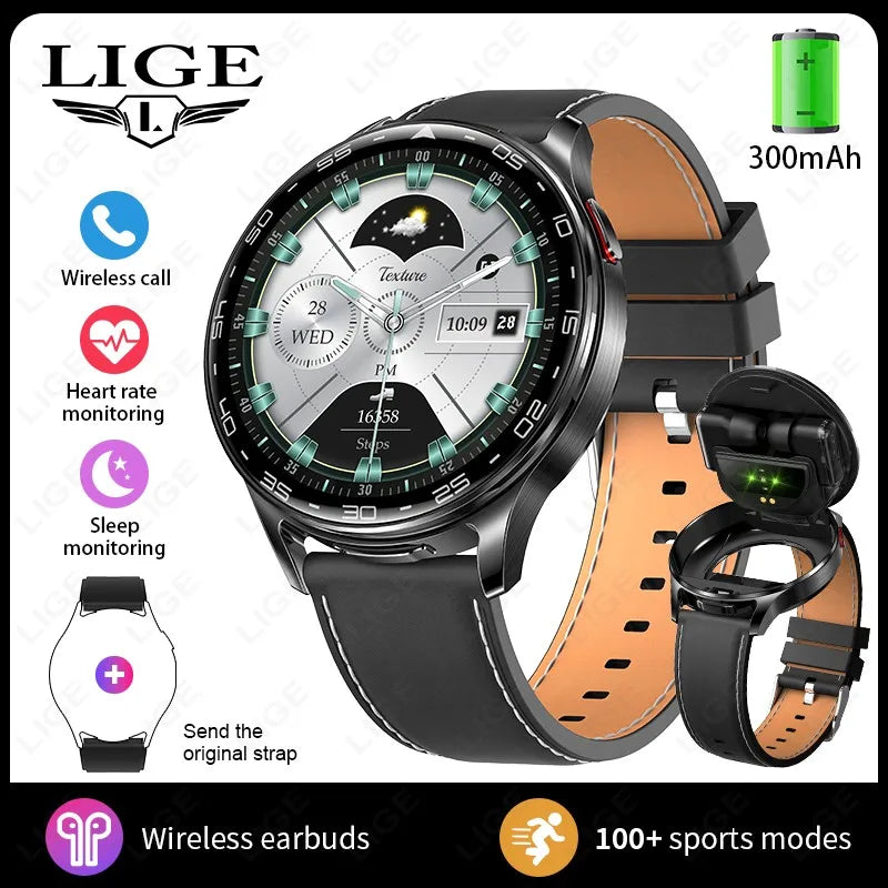 Black smartwatch with brown leather-style strap and wireless earbuds, health monitoring screen