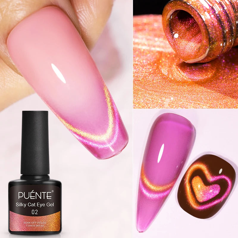 Pink and orange silky cat eye gel polish in a 7.5ml bottle, shown with nail art swatches featuring heart designs.