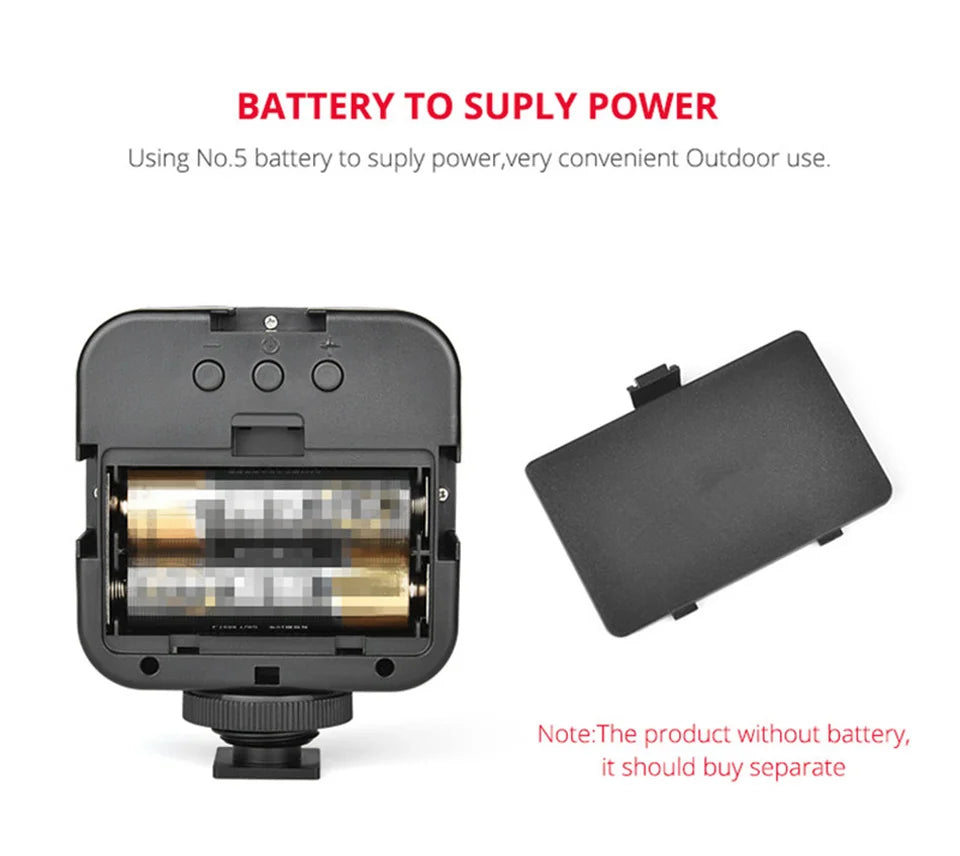 Black portable LED video light with open battery compartment for two AA batteries and a removable cover.