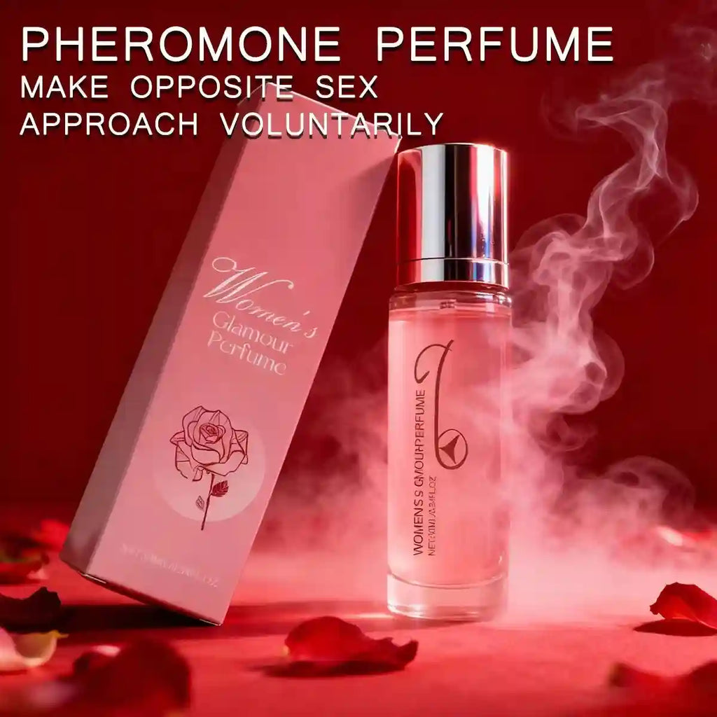 Pink Women's Glamour pheromone perfume glass bottle and box, featuring rose graphics, on a red background with smoke.