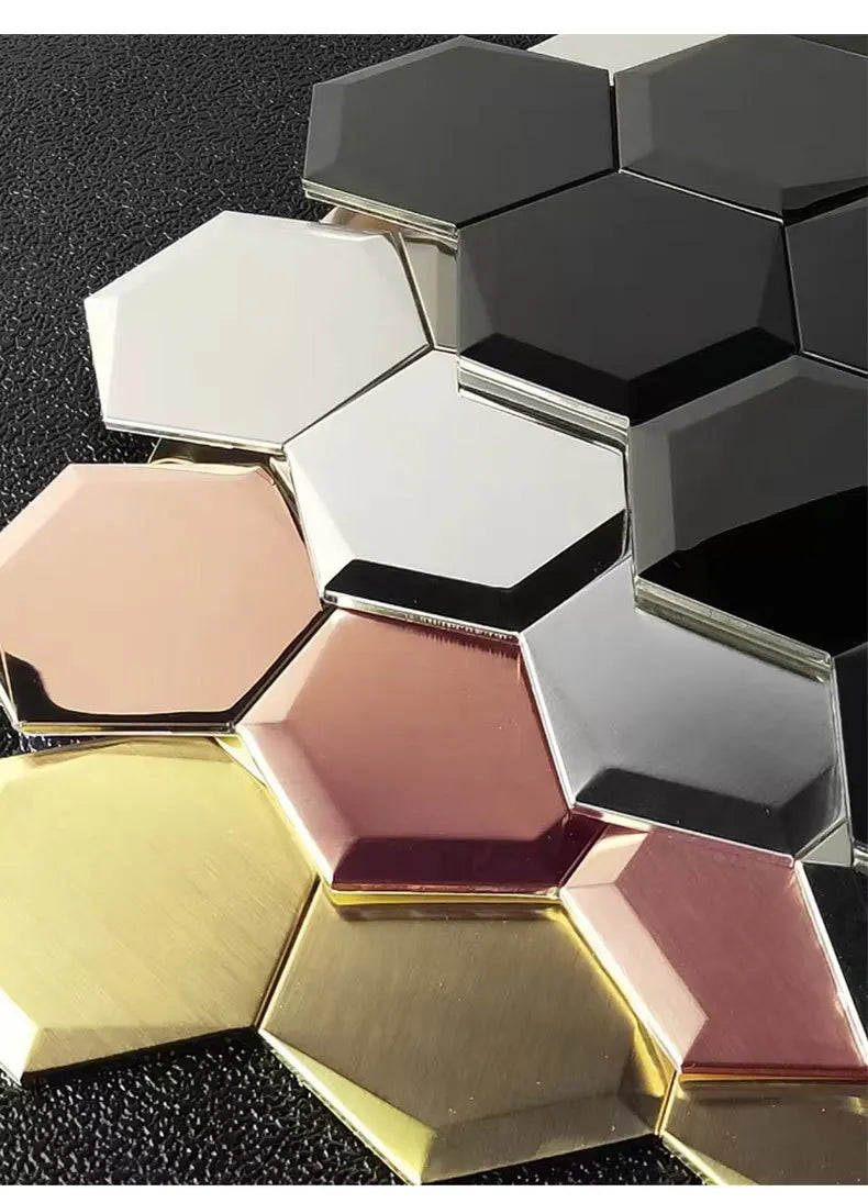 Hexagon Self-Adhesive Metal Mosaic Tiles, 3D Stainless Steel Look Aluminum Plastic Panel, Peel and Stick for Living Dining