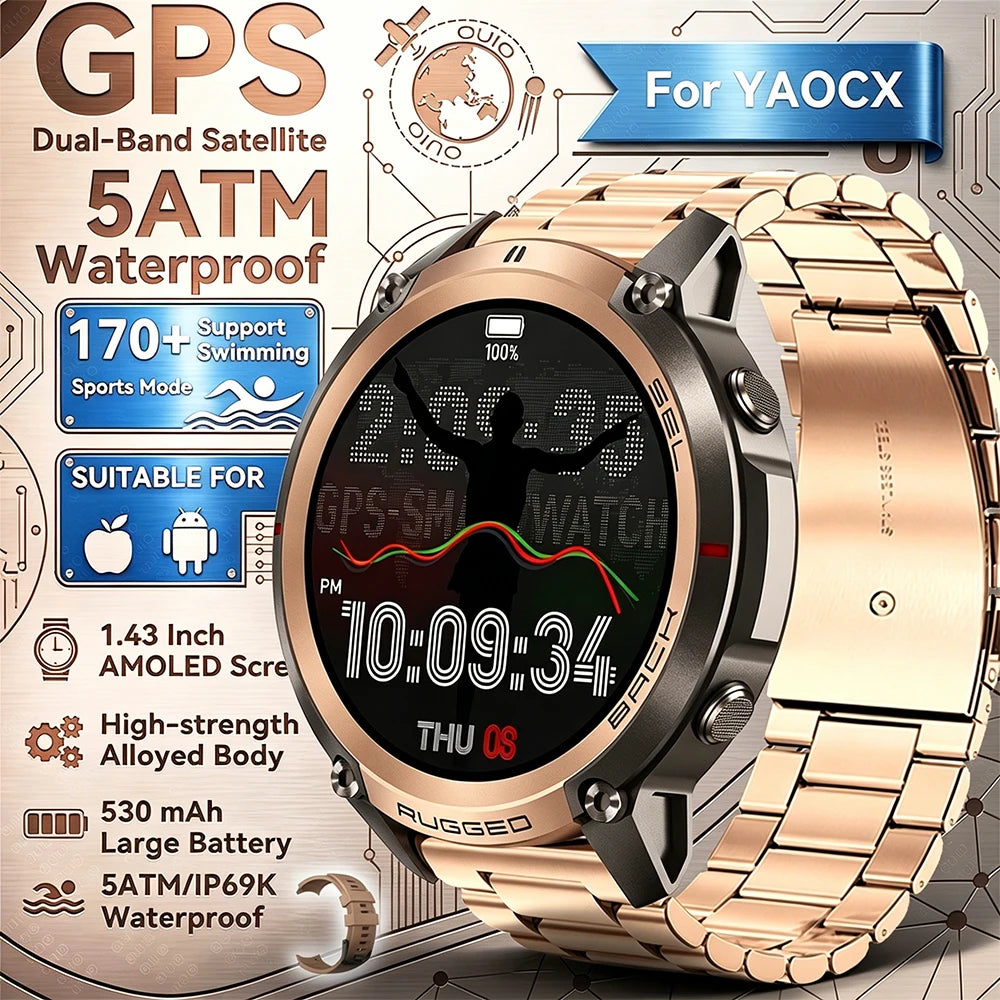 2026 New Outdoor GPS Smart Watch Map Compass Navigation 5ATM Waterproof Bluetooth Call 100+Sport Mode Men AMOLED HD Smart Watch