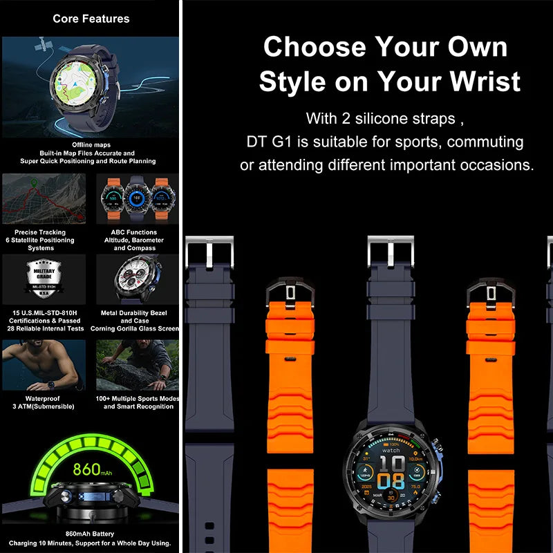 2026 New Outdoor Adventure DT G1 Smart Watch GPS Offline Map 100+Sports Mode Fitness 3ATM Waterproof Bluetooth Call Smart Watch