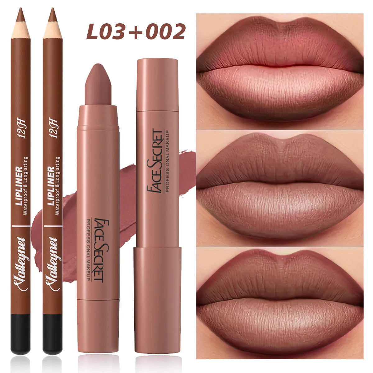 Matte brown lipstick and waterproof lip liner combo set for velvet, long-lasting nude lip makeup application.