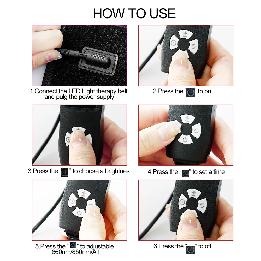 How-to guide for 120 LED red light therapy waist belt showing power connection and remote controller operation steps.