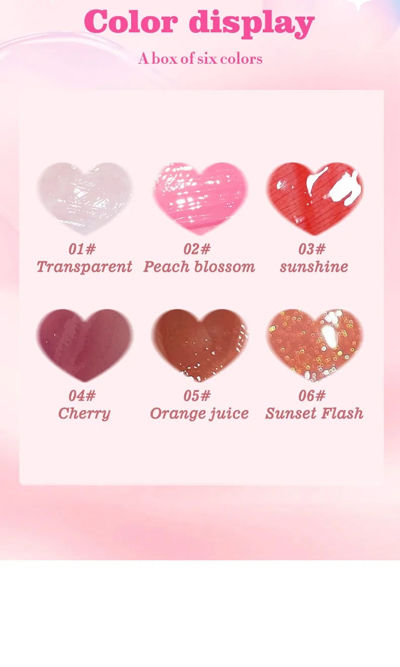 Set of 6 moisturizing lip glosses in heart-shaped swatches, from transparent to shimmer textures for hydrating makeup.