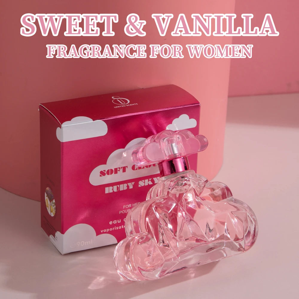 United Scents Soft Cloud Ruby Sky EDT for women: 3.4oz cloud-shaped bottle with lavender, bergamot, and pear notes.