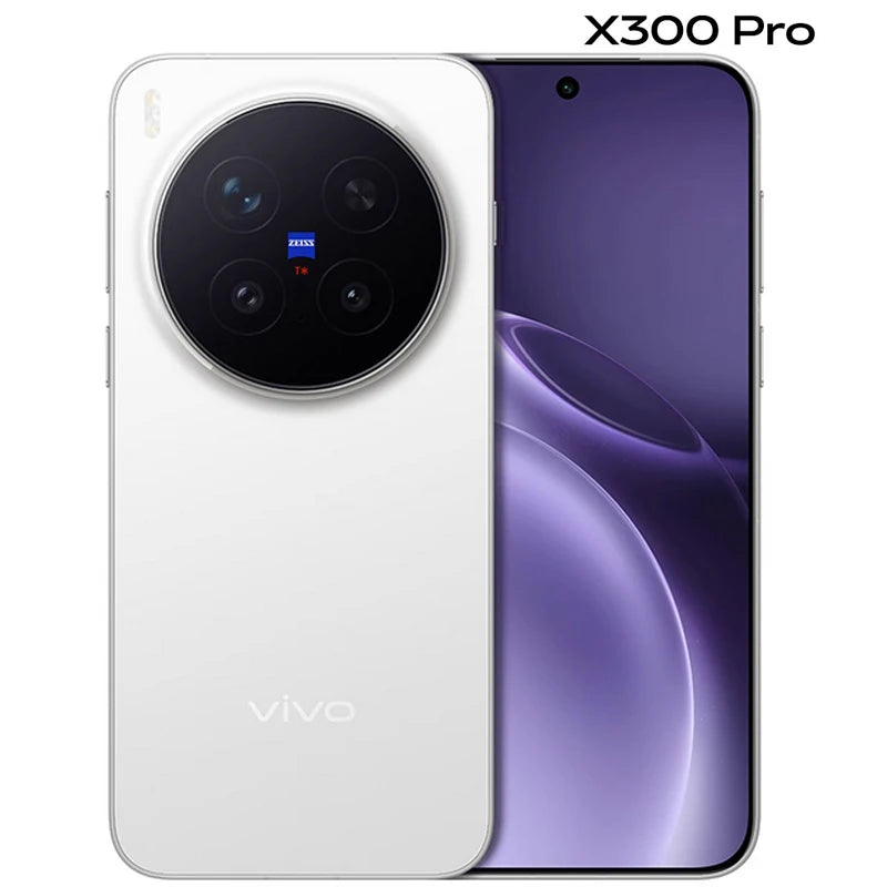 White Vivo X300 Pro smartphone, rear camera module with ZEISS optics, front AMOLED display view, dual-angle product shot.