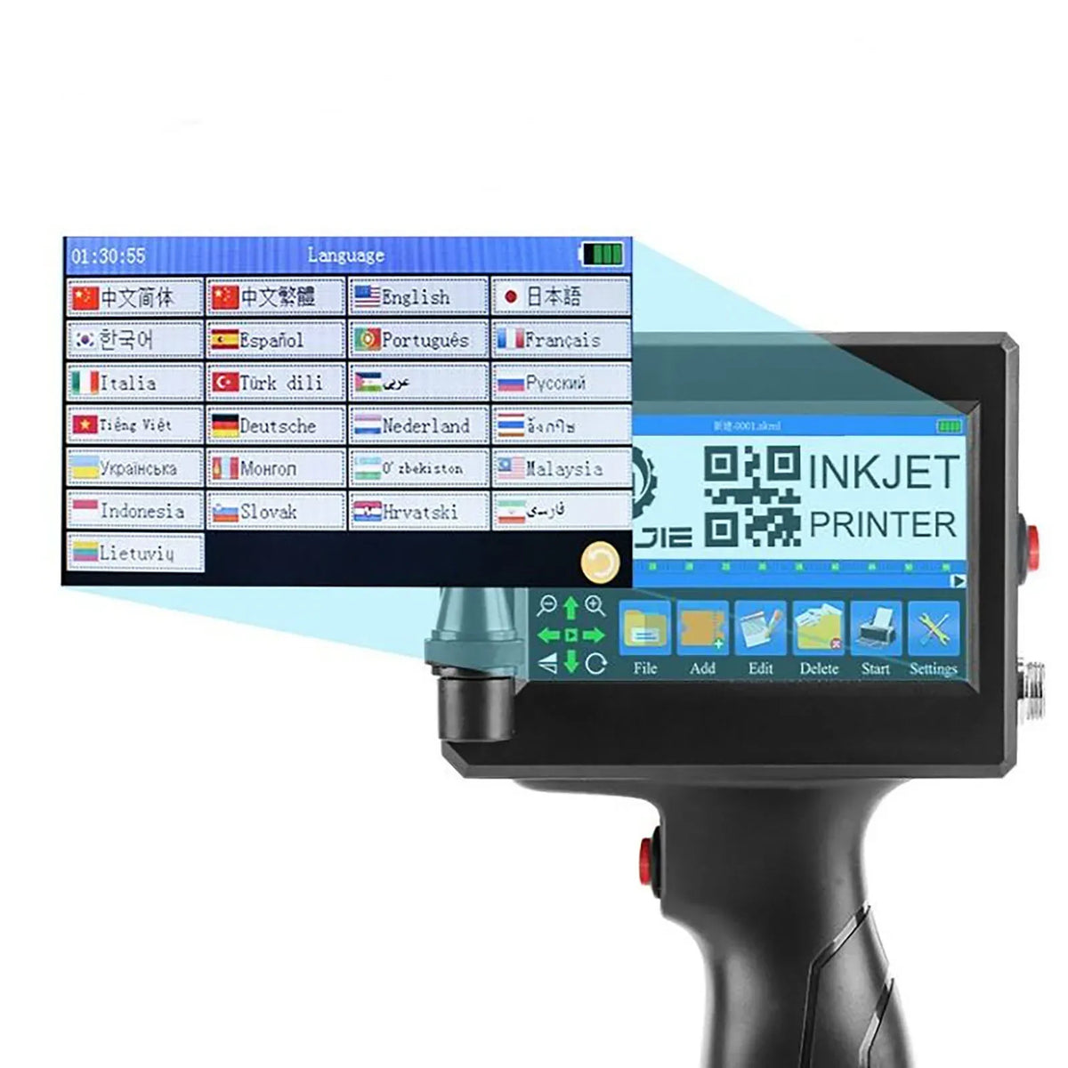Handheld inkjet printer screen with language options list and interface icons