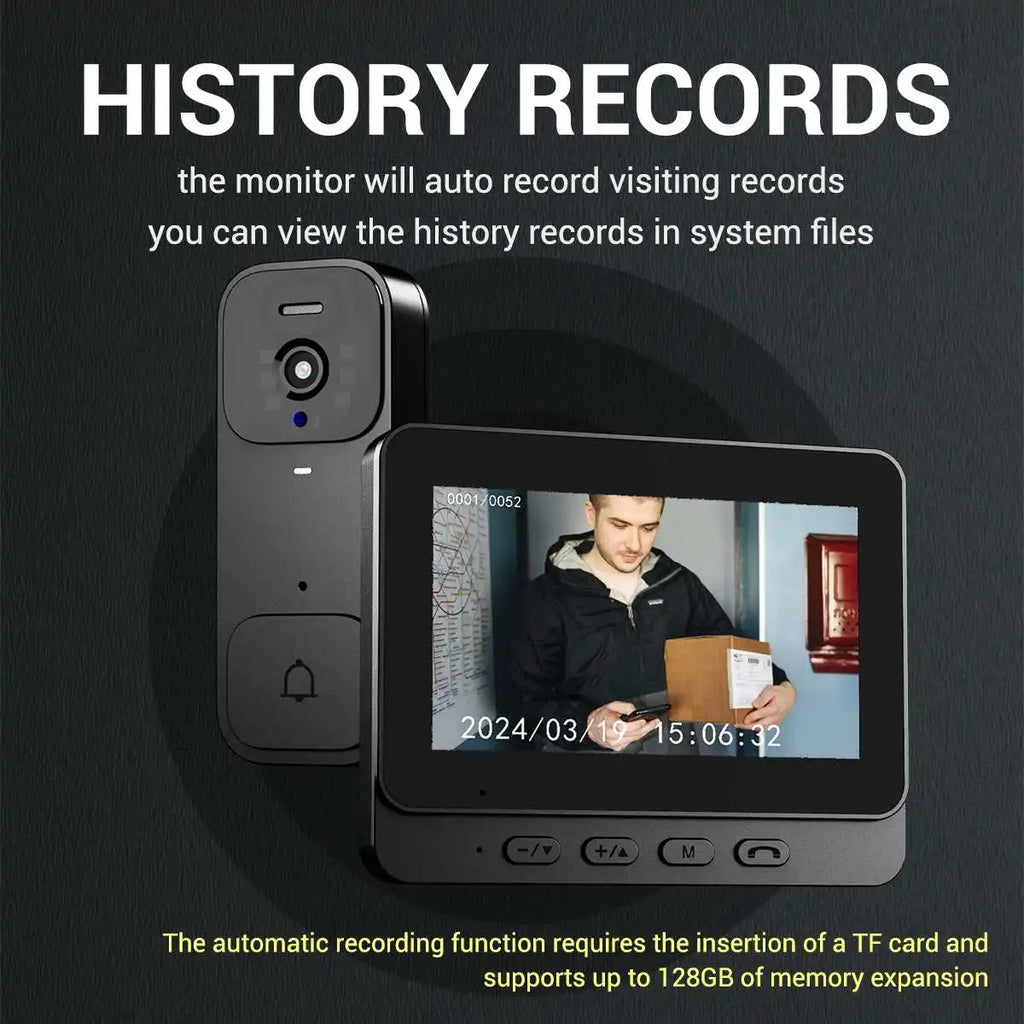 Smart Video doorbell Black 4.3 inch Monitor HD Night Vision Intercom with 64GB Storage card