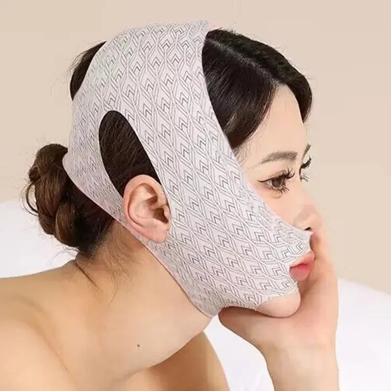 A person wears a beige V-line lifting strap with a geometric pattern, designed to contour the chin and cheeks.