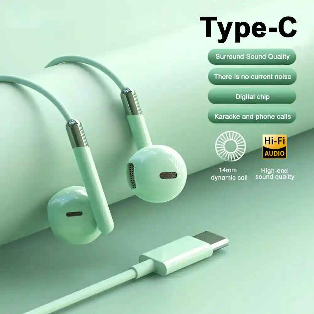 USB C Wired Headphones | HiFi Stereo Sound for Galaxy and iPhone Type C Green Tidesmit