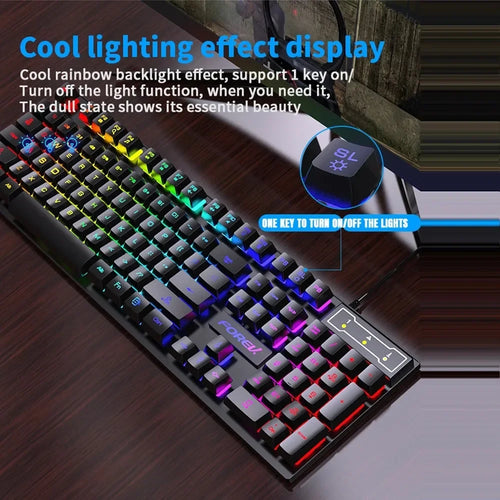 Full-size 104-key wired gaming keyboard in black with rainbow RGB backlighting and a dedicated light toggle key.
