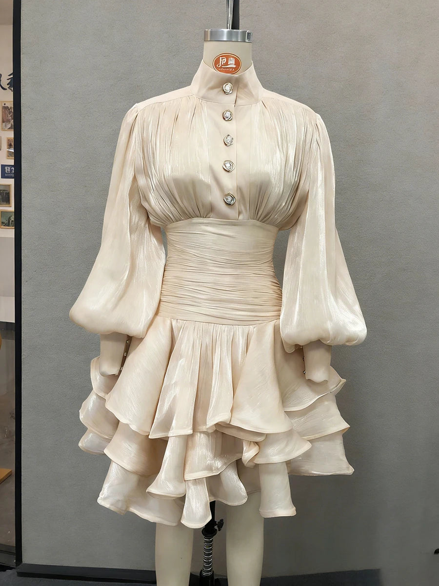 VGH Beach Style Solid Casual Short Dresses For Women Stand Collar Long Sleeve High Waist Spliced Button Chic Dress Female New