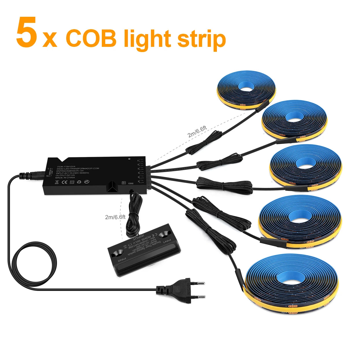COB LED light strip kit with black controller, blue strips, wiring and plug (5 strips)