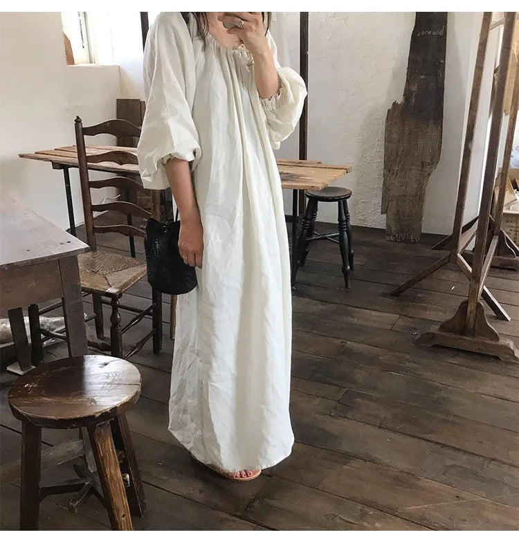 Original New Spring Vintage Cotton Linen Dress for Women Solid Long Sleeve Drawstring Linen One-Piece Dress Maxi Dress