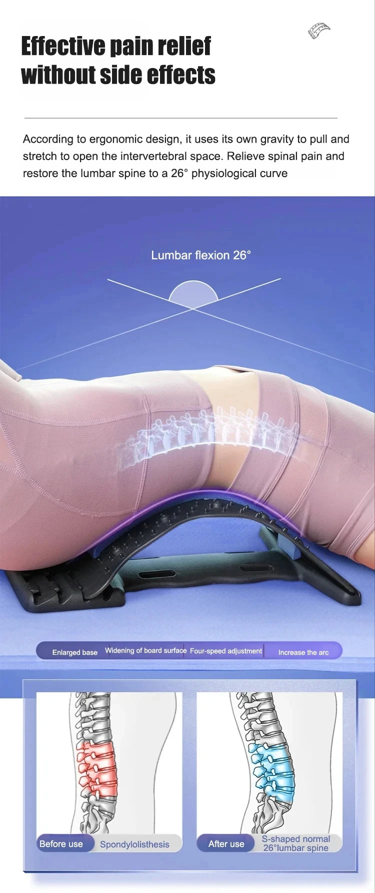 Back Stretcher Adjustable Lumbar Support - Ergonomic Spine Relief Device Back Massage Instrument Tidesmit