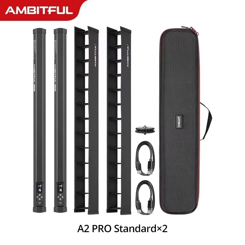 Two A2 PRO LED light sticks, black grid diffusers, mounting hardware, USB cables, and a black storage carry case.
