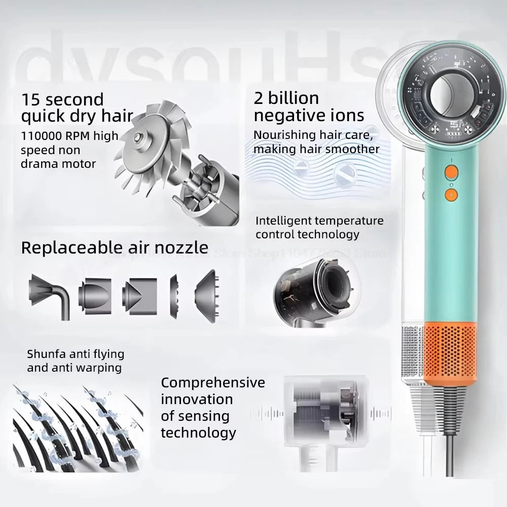 Mint green leafless hair dryer with negative ion tech, high-speed motor, and magnetic nozzles for smooth styling.