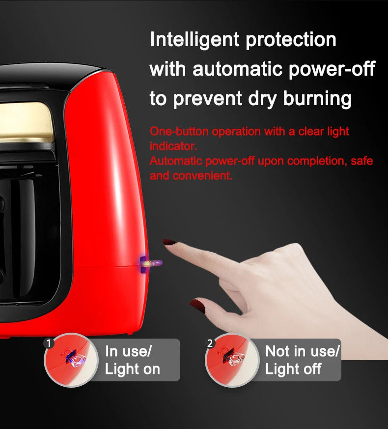 Red portable Turkish coffee maker with one-button operation, LED indicator light, and automatic power-off safety.