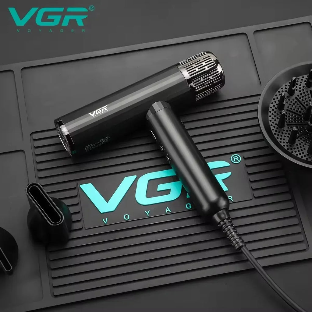 VGR V-427 black leafless hair dryer with styling attachments and brushless motor for professional salon results.