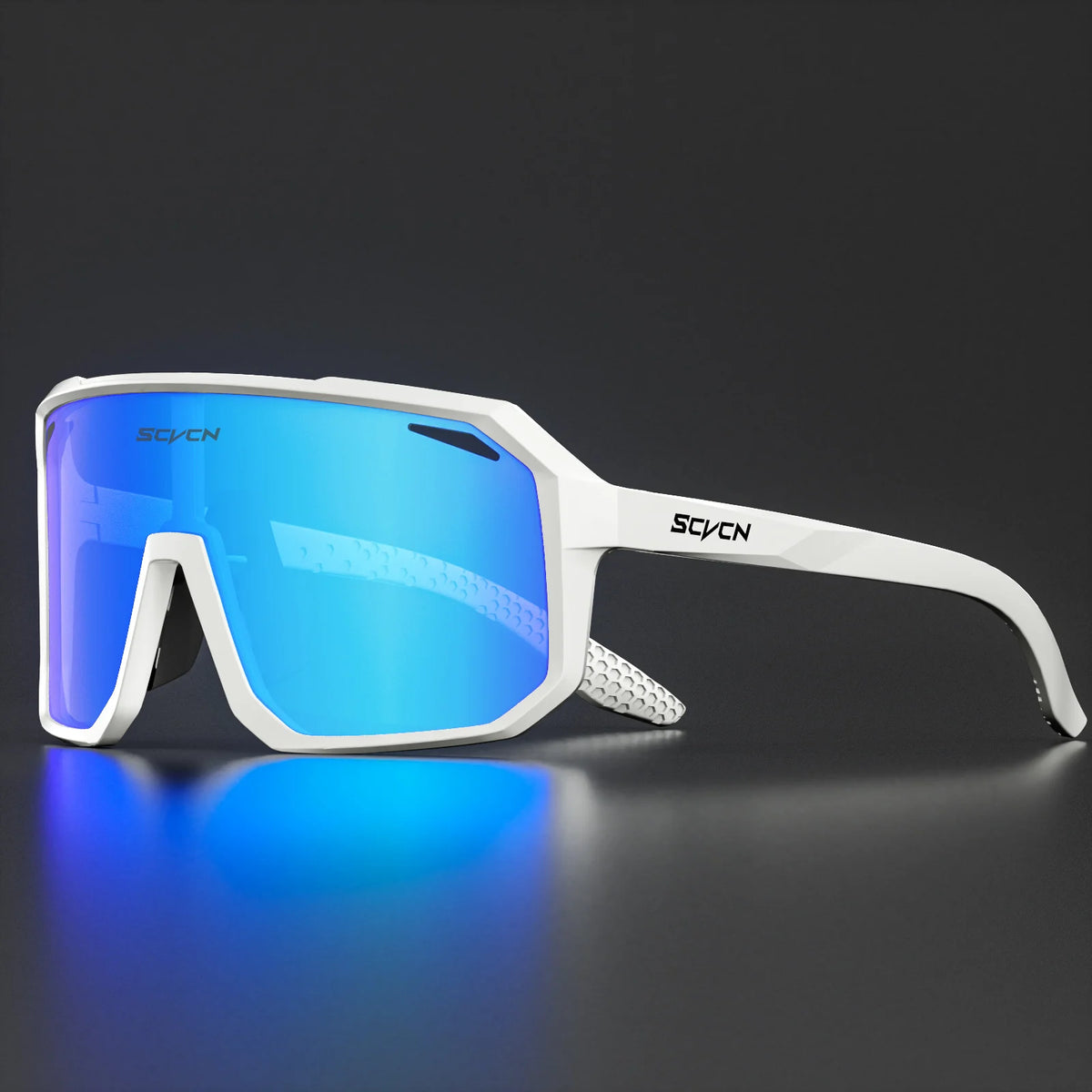 Cycling sunglasses with white frame and blue mirrored sport lenses.