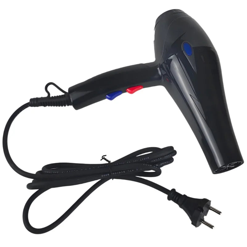 Black professional hair dryer with EU plug, hot and cold wind settings, and ergonomic design for salon or home use.