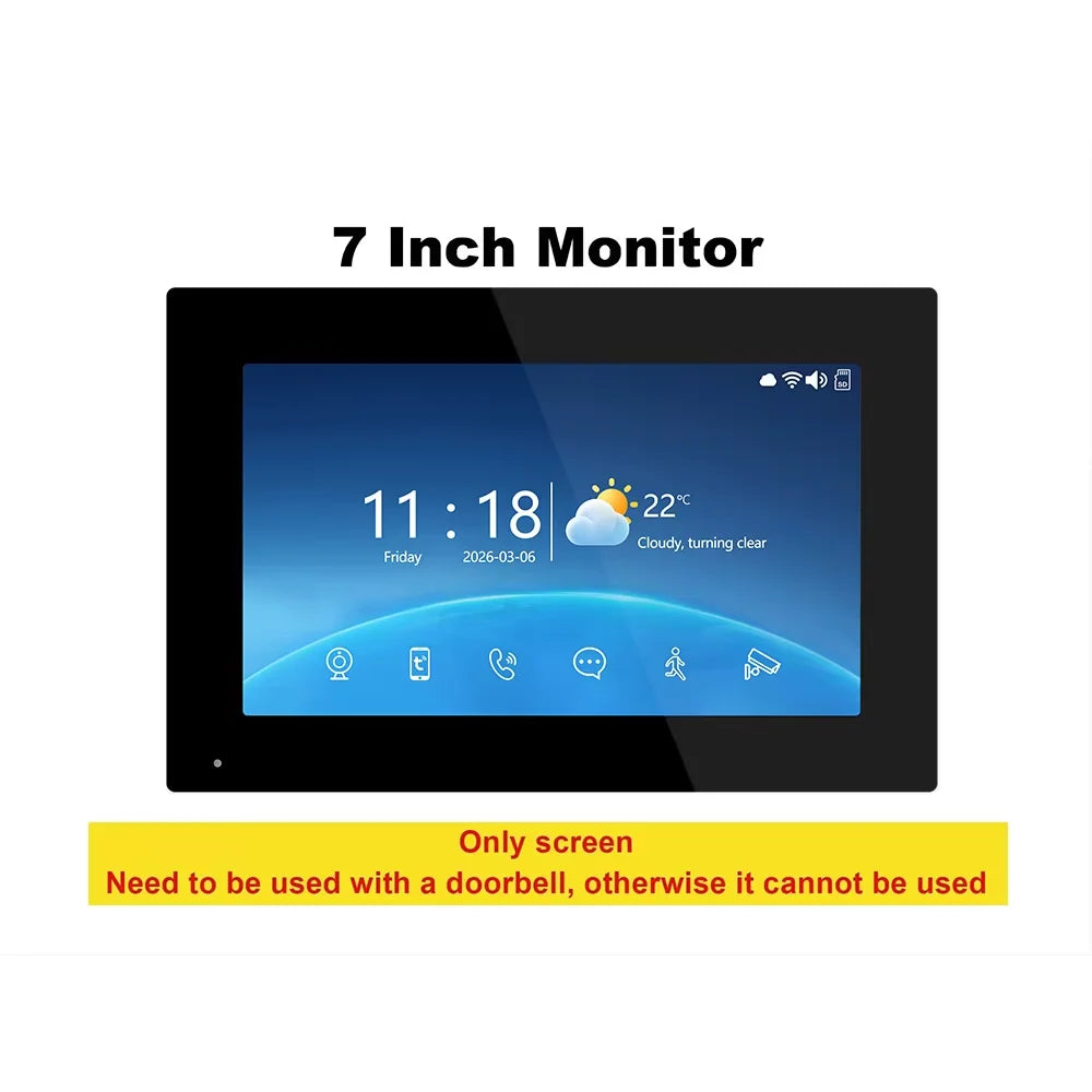 Black 7-inch WiFi video door intercom indoor monitor with touchscreen display