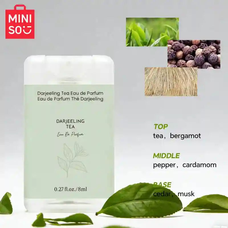 MINISO Darjeeling Tea EDP for men: 8ml portable woody fragrance spray with tea, pepper, and cedar notes.