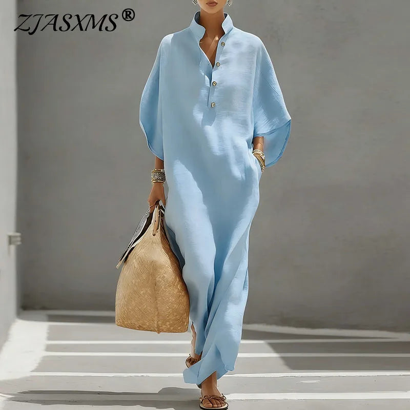 Summer Holiday Bohemian Long Dress Women's Sexy Stand Collar Button Elegant Party Dresses Spring Batwing Sleeve Loose Maxi Dress