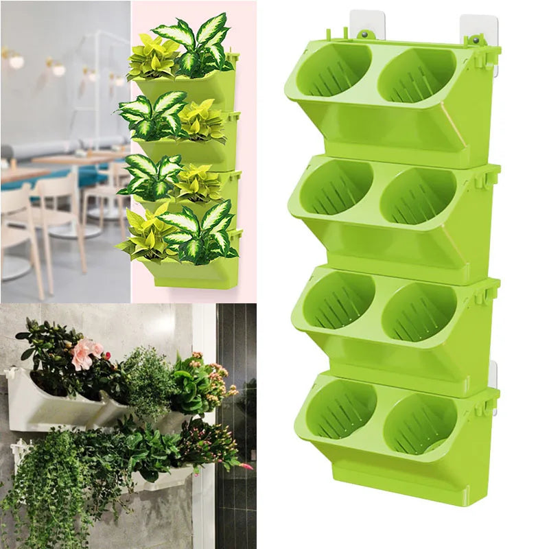 Light green modular wall planter set with four stacked two-cup bases for plants