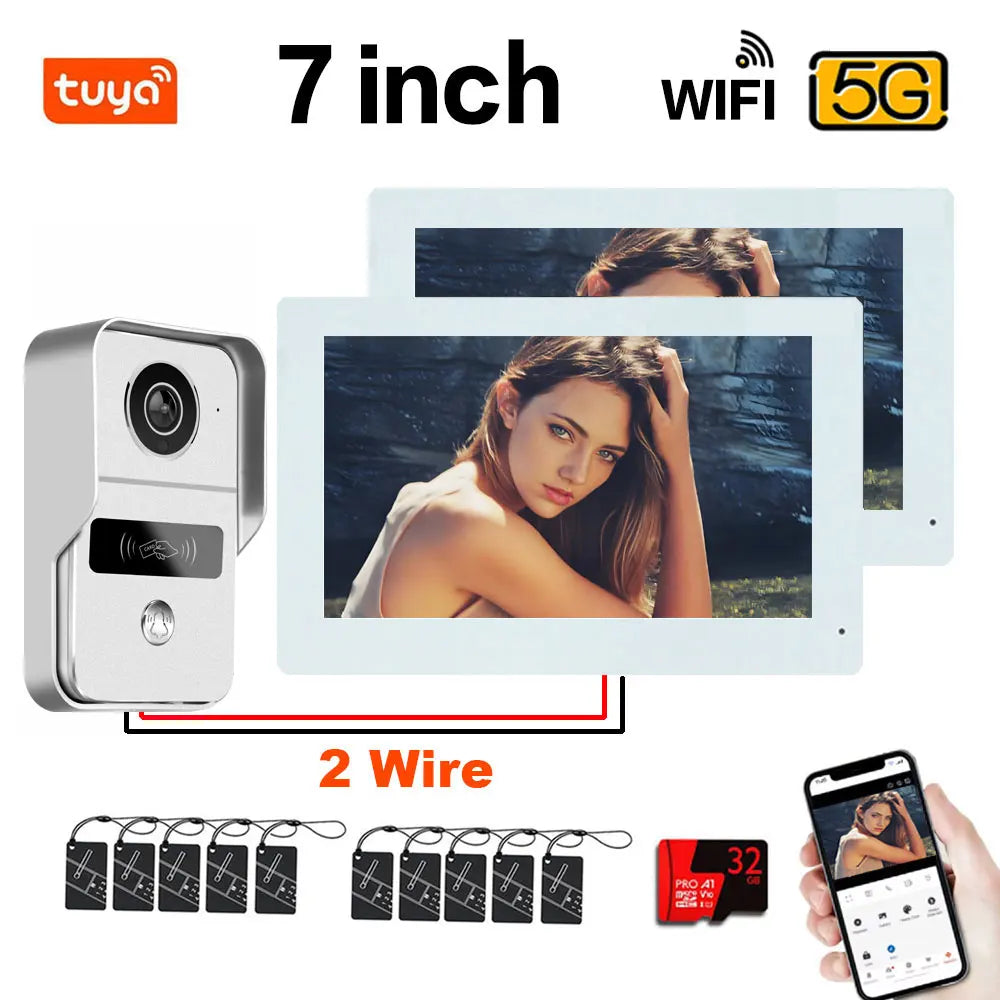 Tuya 1080P 5G Wifi 7/10 Inch 2pcs Touch Monitor for Apartment System Home Security 2 Wire Doorbell Card Swipe APP NFC unlock